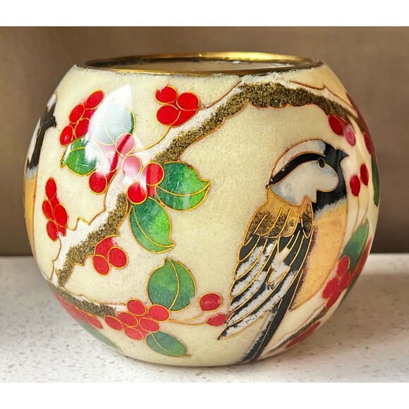 William Bill Yee Cloisonné Plique-a-Jour Bird & Berries Vase Candle Holder 4x3 - Picture 2 of 9